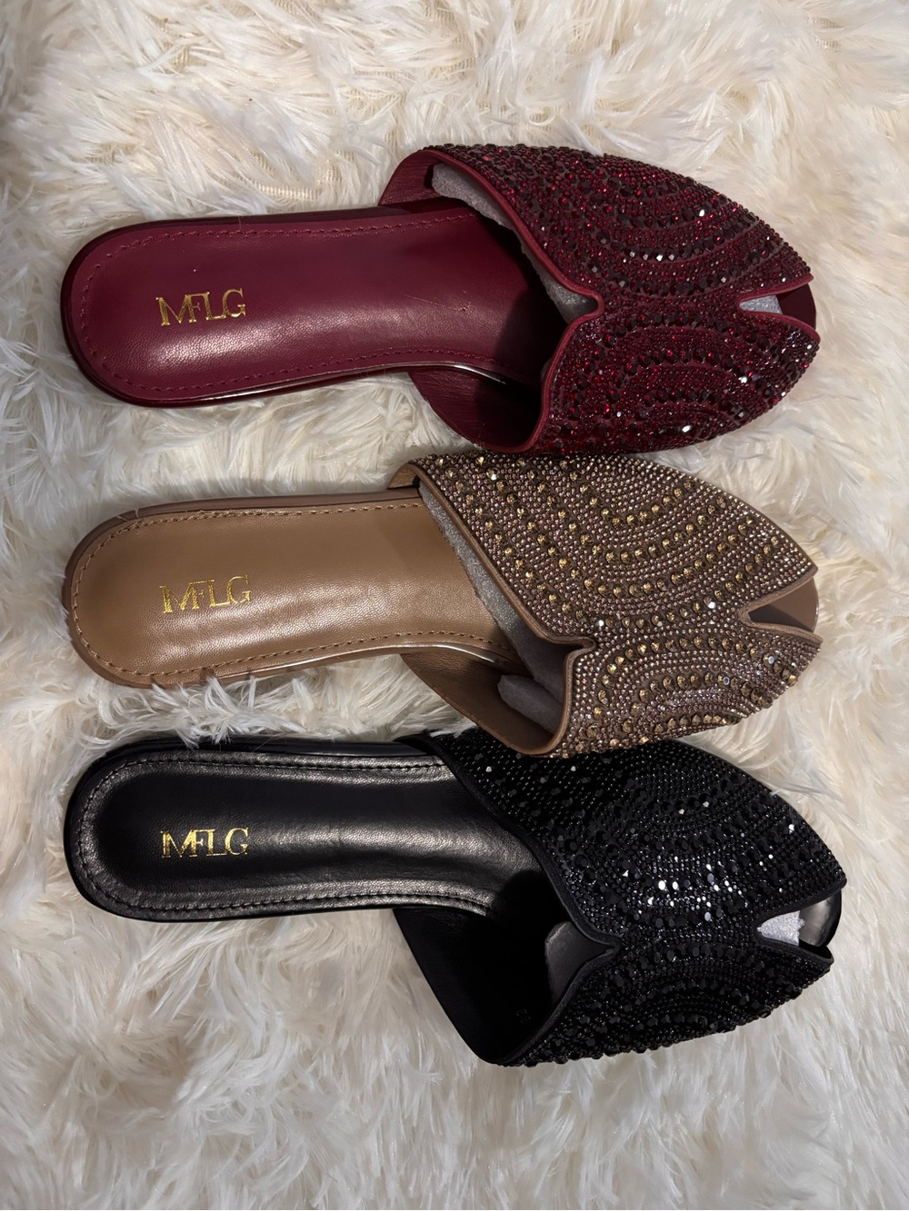 Jeweled Slide Mules in Red 37, Tan 37& Black 39